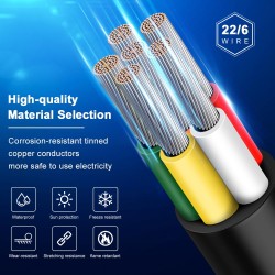 22 Gauge 6 Conductor Electrical Wire, 16.5FT 2464 22AWG 6 Wire Cable Black PVC Stranded Tinned Copper, 22/6 Cord Extension Low Voltage Cable