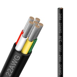 22 Gauge 6 Conductor Electrical Wire, 16.5FT 2464 22AWG 6 Wire Cable Black PVC Stranded Tinned Copper, 22/6 Cord Extension Low Voltage Cable