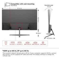 27 inch 2K QHD(2560×1440) PC Screen, 165Hz Gaming Monitor, 1ms Without Bezel, FreeSync,98% sRGB, 178° Wide Viewing Angle, HDMI2.0、DisplayPort, 75 * 75MM Wall Mount Compatible - Black